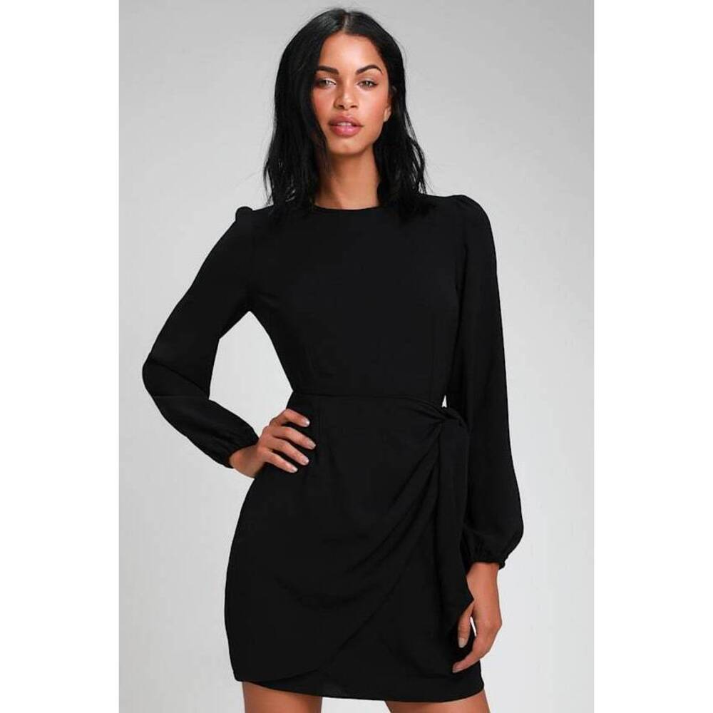 Lulus Believe It Or Knot Black Long Sleeve Tie-front Skater Dress - Size S